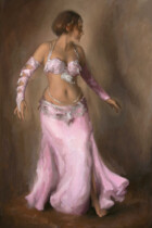 Bellydancer in pink with arms lowered